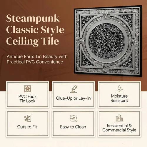 Vista 15 de Steampunk-Faux - Azulejo de techo de hojalata - Plata envejecida, paquete de 25 Plata antigua