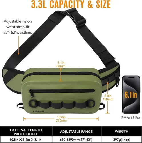 Vista 5 de Dovesun Riñonera de pesca impermeable para hombres 3.3L bolsa de pesca con mosca bolsa de pecho con cremallera hermética