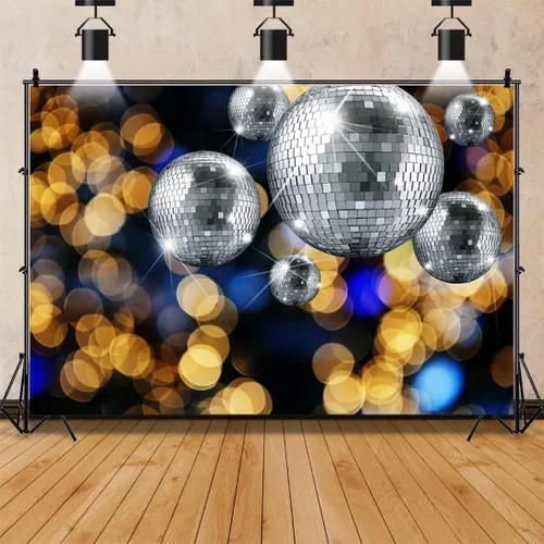 Vista 3 de Renaiss Telón de fondo de fiesta de discotecas plateadas de 5 x 3 pies con diseño de bokeh dorado neón para discotecas de los años 70, 80 y 90