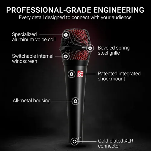 Vista 5 de SE ELECTRONICS V7 Micrófono dinámico para canto, voz y grabación de estudio, micrófono profesional de mano XLR con bobina de voz de aluminio