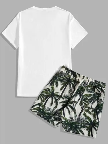 Vista 73 de GORGLITTER Conjunto de 2 piezas de camiseta gráfica de manga corta para hombre, estampado hawaiano con cordón y pantalones cortos