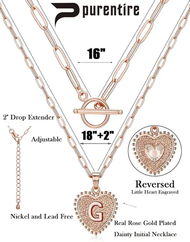 Vista 5 de Collar delicado con inicial en capas de oro de 14 quilates para mujer, dije de letra de corazón, cadena de clip chapada en oro rosa para regalo
