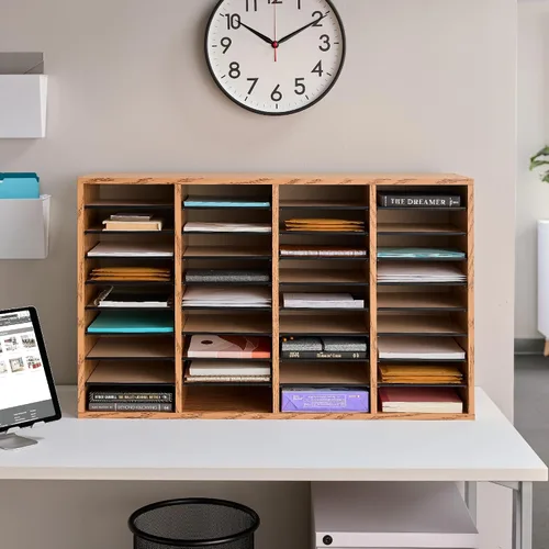 Vista 7 de Safco Products - 9424MO - Organizador de literatura ajustable de madera, con 36 compartimentos, roble medio, estructura duradera, estantes