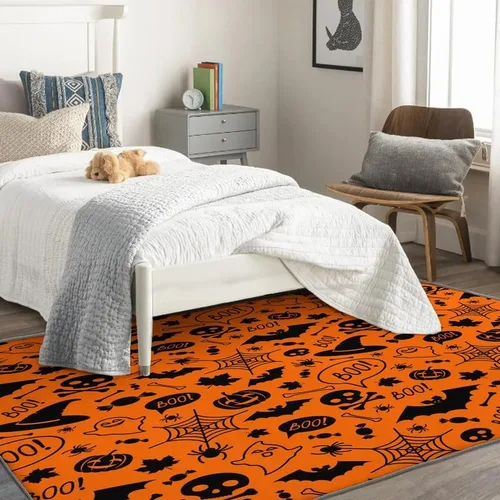 Vista 3 de Alfombras de Halloween para dormitorio, sala de estar, alfombra de tela de araña de murciélago de calabaza, 4 x 6 pies, lavable, antideslizante, Dfg2