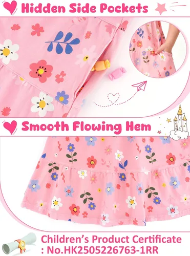 Vista 8 de Vestido casual para niñas, de algodón suave, manga corta, transpirable, acampanado, para adolescentes, talla 2T, 3T, 4T, 5, 6, 7, 8, 9, 10, 12, 13