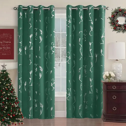 Vista 68 de BUHUA Juego de 2 paneles de cortinas opacas con estampado de vid plateada, cortinas con aislamiento térmico para oscurecer la habitación