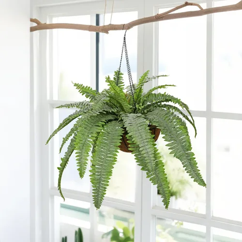 Vista 4 de Plantas colgantes falsas grandes de helecho boston, plantas artificiales para exteriores, helechos falsos realistas con cesta de palmera, plantas
