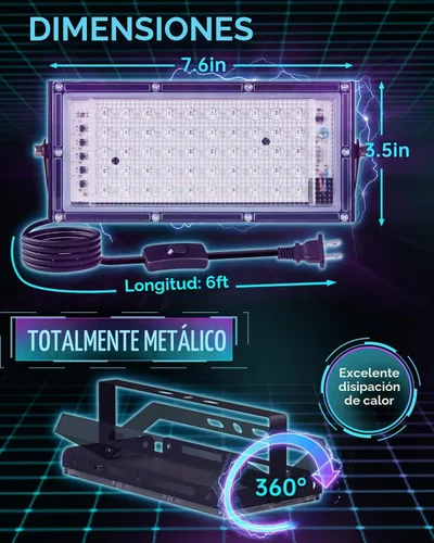 Vista 7 de Luces negras de 50 W con interruptor+enchufe, impermeable IP66, luz LED de inundación de luz negra para fiesta brillante, Halloween, dormitorio