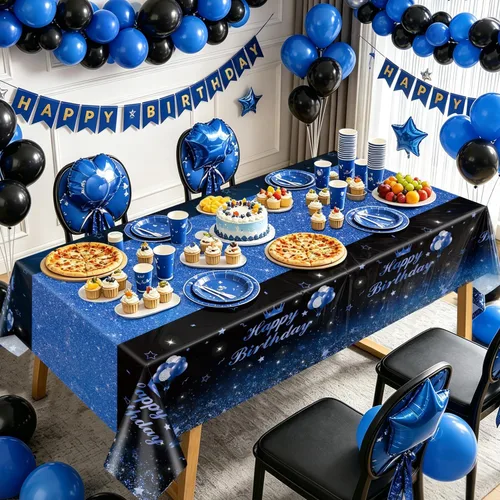Vista 4 de 4 manteles de fiesta de feliz cumpleaños, color negro y azul, decoración de fiesta de color azul y negro, mantel rectangular de plástico para niños