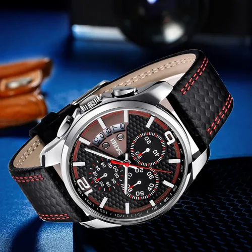 Vista 5 de SKMEI Men Watches Black Leather Band Sports Large Big Face Luxury Waterproof Luminous Fashion Dress Casual Analog Quartz Chronograph Father Gifts