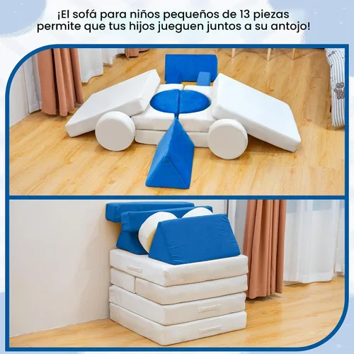 Vista 6 de Sofá modular de juego para niños, 13 piezas, con funda de terciopelo lavable, expansión instantánea de 5 segundos, espuma convertible y cojín