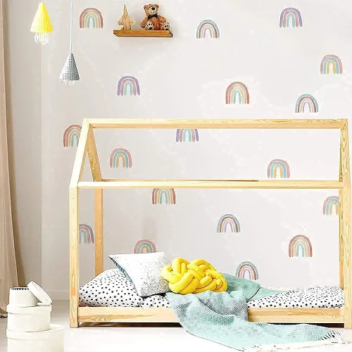 Vista 3 de Calcomanías de pared de arcoíris para dormitorio de niñas, decoración de habitación de niños, papel tapiz autoadhesivo de arco iris, vinilo mural