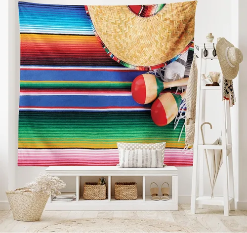 Vista 2 de Lunarable Tapiz mexicano, tema de cultura latinoamericana, sombrero de paja, manta de serape de Maracas, decoración de tela para colgar en la pared