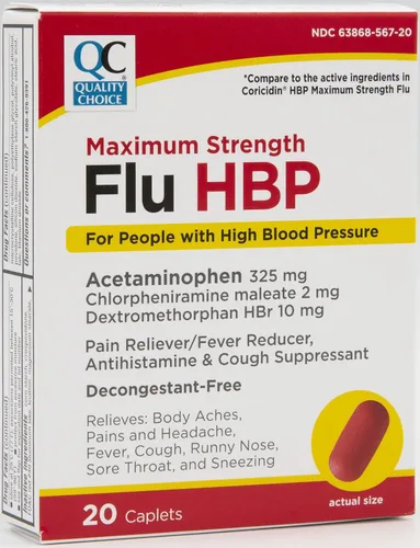 Vista 2 de Quality Choice Presión arterial alta (HBP), analgésico y reductor de fiebre, antihistamínico y supresor de tos, sin descongestionante, para personas