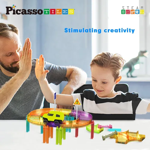 Vista 2 de PicassoTiles Pista de Carreras de Coches Magnéticos Azulejos Viaje Juguetes Sensoriales Imantados para Niños Pequeños STEM Educativo Aprendizaje