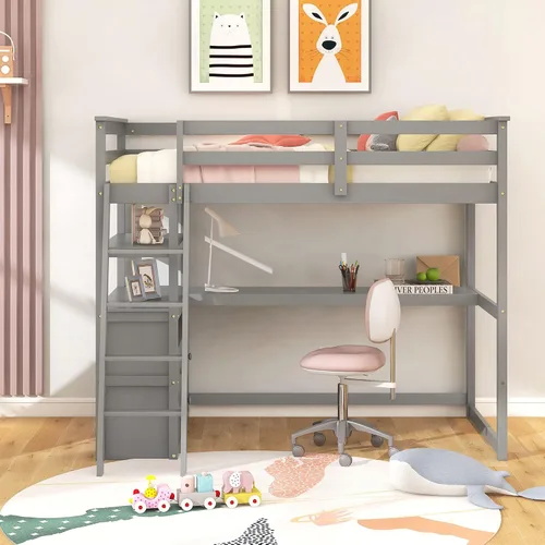 Vista 3 de Polibi Cama tipo loft de madera de tamaño individual con escritorio/2 cajones integrados/2 estantes, cama loft multifuncional con escalera