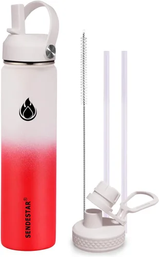 Vista 60 de SENDESTAR Botella de agua aislada de 24 onzas, boca ancha, botella de agua de 24 onzas con tapa con popote, tapa de boquilla, acero inoxidable