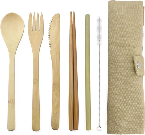 Vista 6 de JASHII Juego de cubiertos de bambú para viaje, incluye cuchillo reutilizable, tenedor, cuchara, palillos, popotes y cepillo (beige)