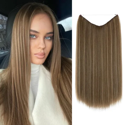 Vista 12 de SARLA Extensiones de cabello con alambre invisible de reflejos cortos rectas postizos sintéticos diadema transparente ajustable para mujeres 14