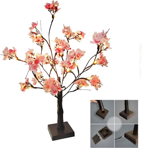 Vista 6 de Árbol de cerezo iluminado, 21.7 pulgadas, 24 luces LED artificiales de mesa de cerezo bonsái, funciona con pilas, decoración de árbol de flores