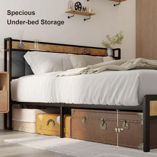 Vista 4 de Gizoon Base de cama matrimonial con cabecero y estribo, cama de plataforma Gris oscuro