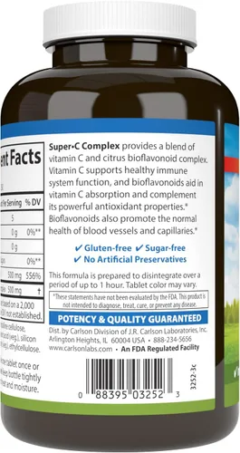 Vista 3 de Carlson - Complejo Super-C, Vitamina C + Bioflavonoides, Función Inmune y Bienestar Óptimo, Antioxidante, 250 Tabletas Vegetarianas