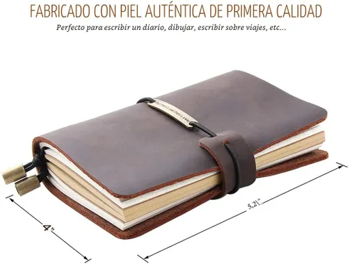 Vista 2 de Diario de piel hecho a mano vintage, cuaderno de viajero, portátil, pluma estilográfica recargable, tamaño de bolsillo, 5.2 x 4 pulgadas, Coffee