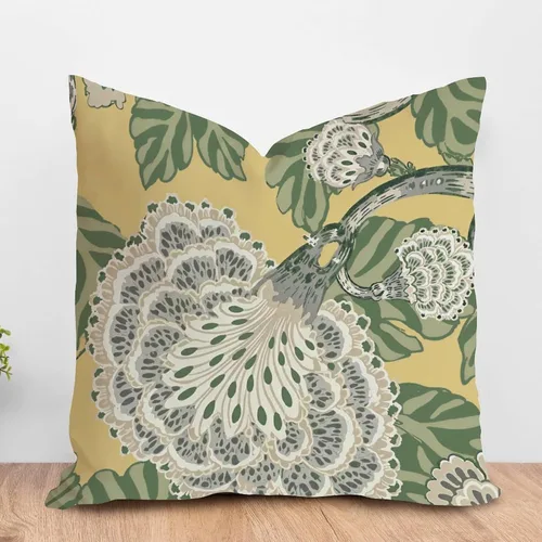 Vista 58 de ArogGeld Funda de cojín con flores verdes y blancas con flores grises y negras y hojas verdes en estilo chinoiserie, funda de almohada cuadrada