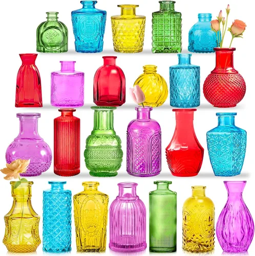 Vista 9 de KOIUEYW Juego de 24 jarrones de vidrio ámbar dorado, jarrones pequeños vintage para flores, estilo mini de cristal transparente a granel, pequeños