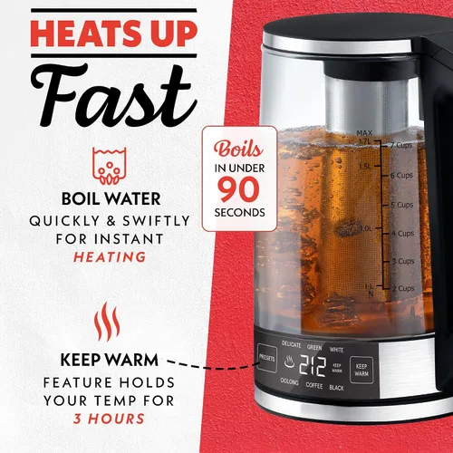 Vista 4 de Gourmia Hervidor digital programable de vidrio – Hervidor eléctrico de temperatura ajustable de 1.7 L con 6 ajustes preestablecidos, mantiene