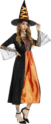 Vista 4 de Haorugut Disfraz de bruja para mujer, disfraz de bruja malvada, vestido de bruja