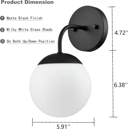 Vista 4 de Juego de 2 apliques de pared negros de estilo nórdico moderno con forma de globo lechoso para tocador de baño