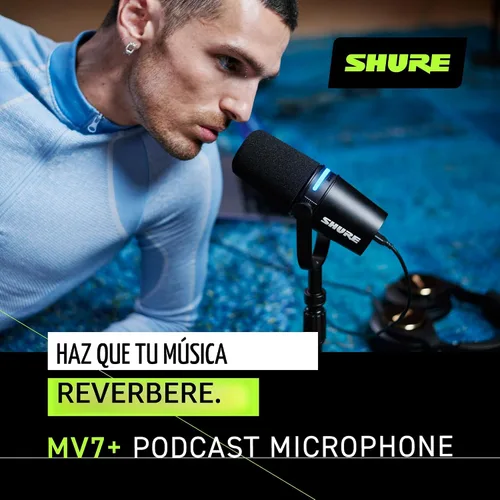 Vista 5 de Shure MV7+ - Micrófono dinámico para podcast con soporte, certificado OBS, audio mejorado, panel LED, salidas USB-C y XLR, modo de nivel automático