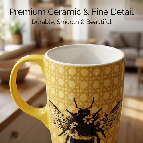 Vista 4 de DUSVALLY Taza de cerámica grande Taza de café alta Tazas de viaje de porcelana Taza de café con tapa de 17 onzas, Abeja