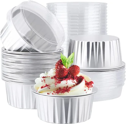 Vista 8 de EUSOAR Tazas de aluminio para hornear, paquete de 30 tazas de 5 onzas para cupcakes con tapas, moldes de pastel de 4.2 fl oz, flanes de postres