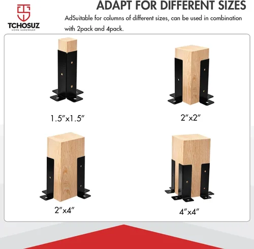 Vista 4 de Juego de 4 soportes de base ajustables, juego de 4 soportes de anclaje negros reversibles resistentes para buzón de barandilla de 1.5 x 1.5, 2 x 2
