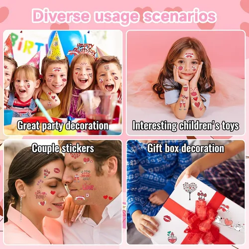 Vista 5 de EMOME Tatuaje temporal de San Valentín de 100 estilos para niños y mujeres, tatuajes temporales para decoración de fiesta de San Valentín
