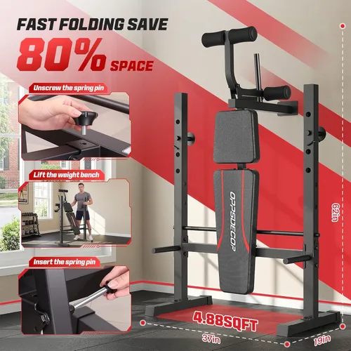 Vista 5 de OPPSDECOR Juego de banco de pesas, banco ajustable multifunción para press de banca con rack para sentadillas, extensión de piernas y curl