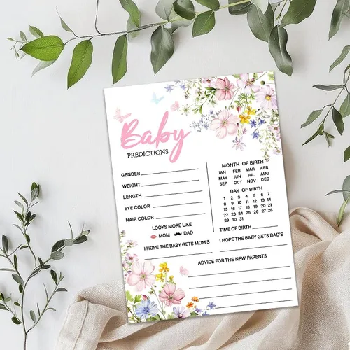Vista 2 de 50 tarjetas de predicción de bebé para juegos de baby shower, tarjetas de deseos y consejos de flores silvestres con caja para decoraciones de baby