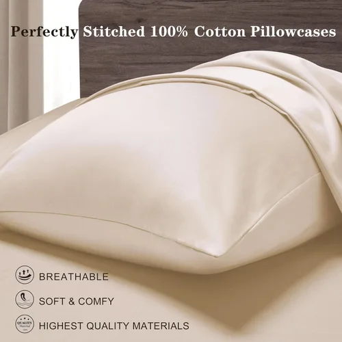 Vista 5 de Juego de 2 fundas de almohada de algodón de tamaño estándar, 800 hilos, 100% algodón egipcio, fundas de almohada naturales, suaves y transpirables
