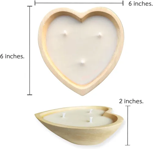 Vista 2 de Cuenco de madera con forma de corazón de 6 pulgadas, vela de cera de soja perfumada de lavanda, 3 mechas de 5 onzas, cuencos de masa decorativos