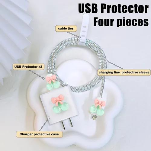 Vista 2 de CameCosy Bonito protector de cable compatible con adaptador de iPhone con diseño de peras de cereza de cristal, cubierta USB de línea de datos suave