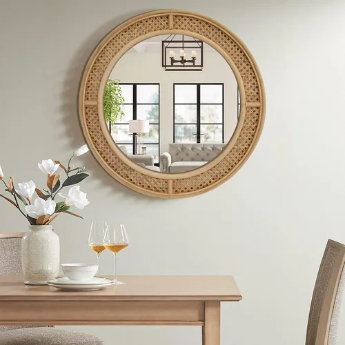 Vista 7 de FLORA Espejo de pared redondo de ratán con marco de madera, espejo Espejo decorativo bohemio moderno para baño, entrada, sala de estar, dormitorio