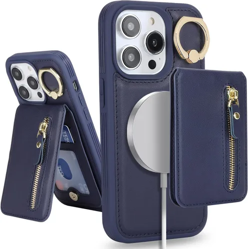 Vista 20 de para iPhone 14 Funda con soporte magnético Magsafe compatible, llavero de cuero PU plegable con soporte desmontable, funda tipo cartera 2-en-1