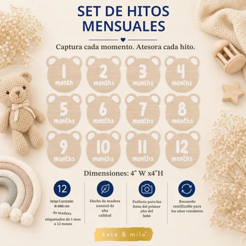 Vista 3 de Kate & Milo Teddy Bear - Discos marcadores de hitos para bebé, 1-12 meses Oso