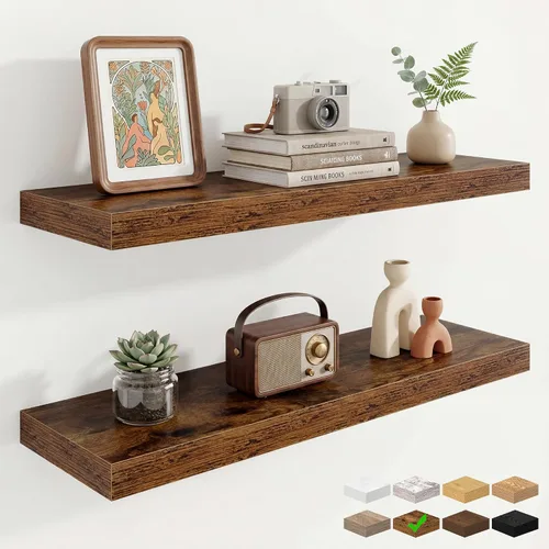 Vista 25 de Marsmiles 12in Depth Floating Shelves, 12x12x1.4, Rustic Brown, Set of 3 Marrón rústico