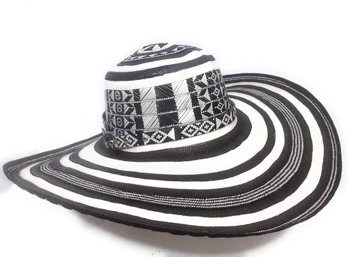 Vista 3 de col-p Sombrero colombiano Sombrero Sinuano Arrow Cane Caña Flecha Vueltiao Hecho por Auténticos Indígenas Colombianos, Negro & blanco