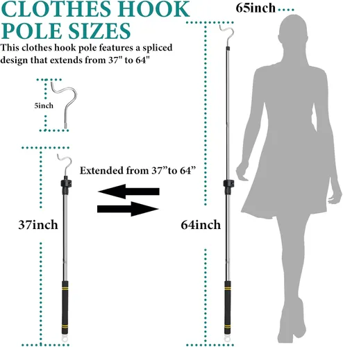 Vista 10 de Gancho Telescópico para Colgar Ropa con Ajuste Telescópico, Poste Ligero para Ropa que se Extiende de 37" a 65" con Gancho de 4.7" y Mango