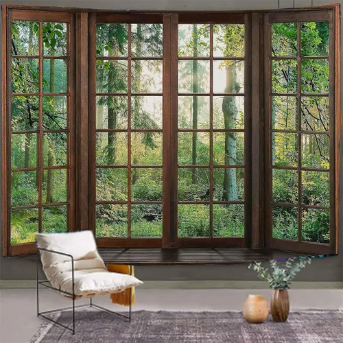 Vista 8 de Aidatain Tapiz Natural de Bosque Verde Escenario de Ventana Tapiz Estético de Pared para Dormitorio Franela 40" L x 30" A Manta de Playa Sala