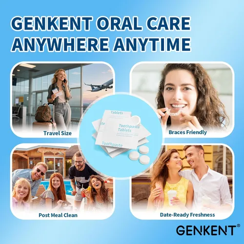 Vista 6 de GENKENT Tabletas de pasta de dientes, pastillas masticables sin flúor y plástico, ecológicas y aptas para viajes (60 unidades)